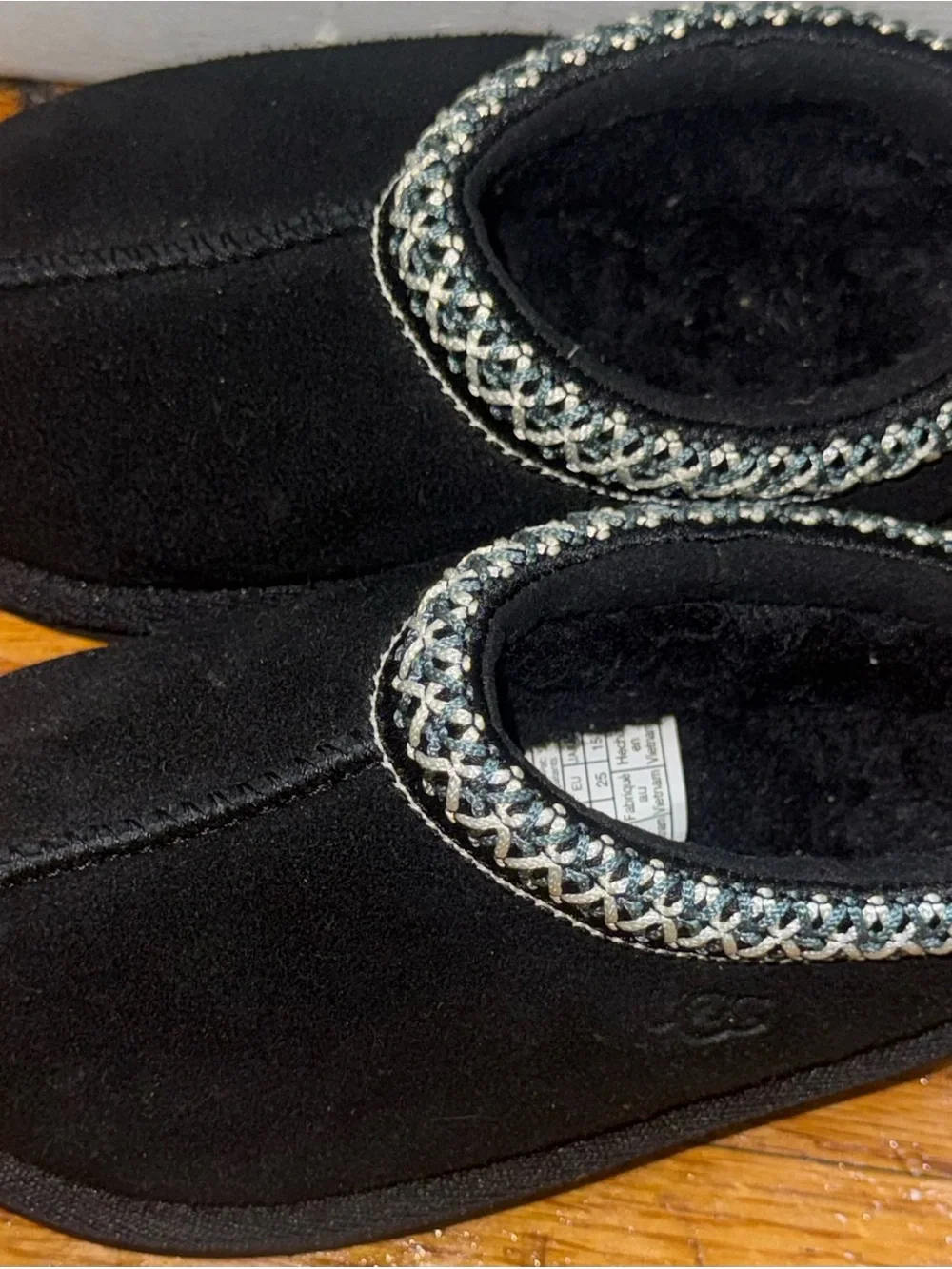 UGG Black Kids Suede Walker Slippers with Silver Braided Trim